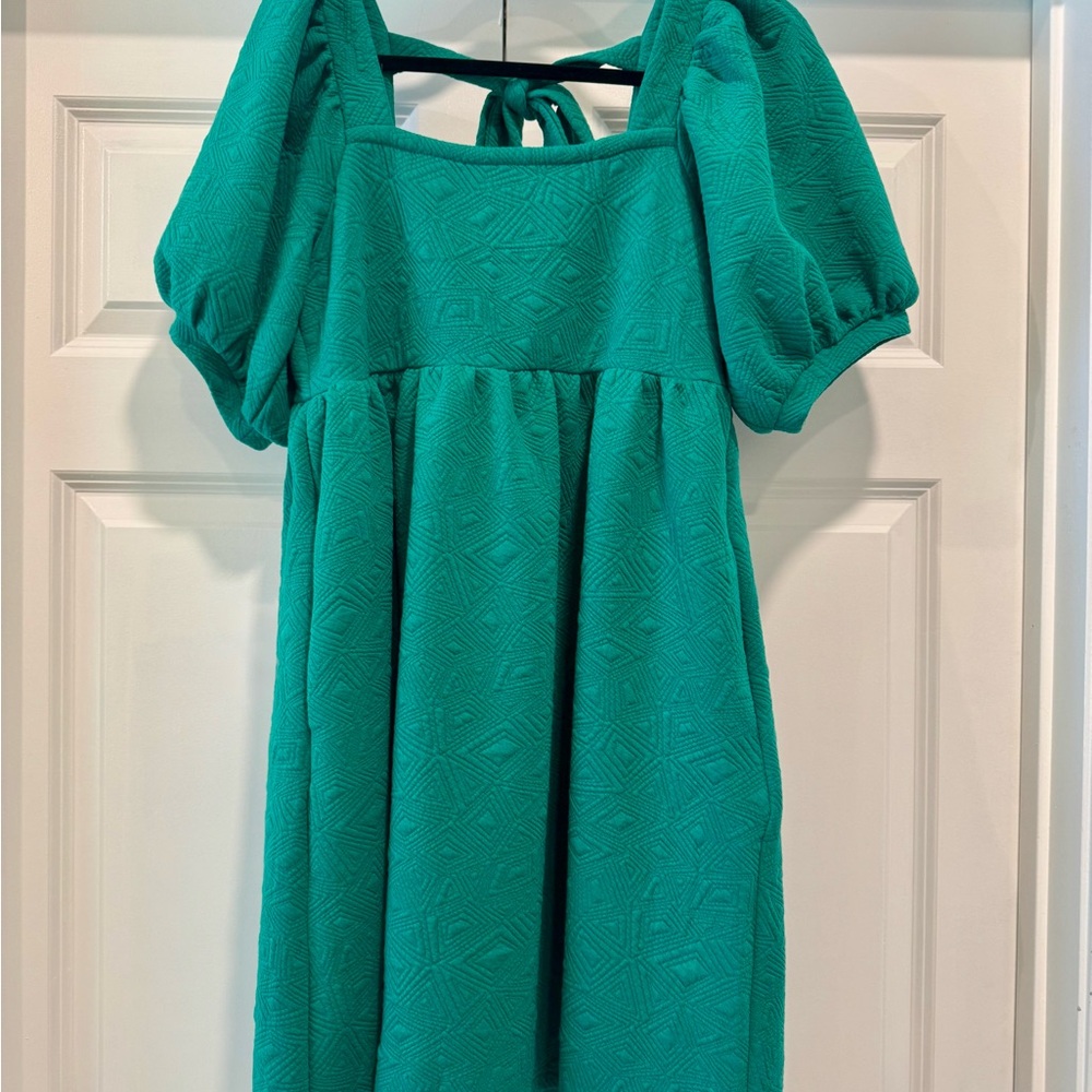 Listicle Green Puff Sleeve Square Neck Babydoll Dress